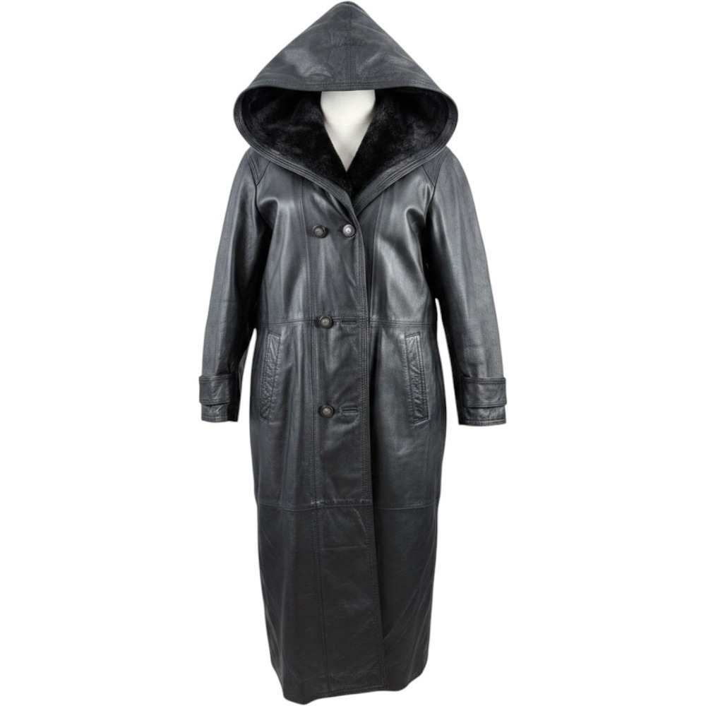 Vintage 80s Donna Pelle Leather Trench Coat Womens Medium Black Hooded Faux Fur
